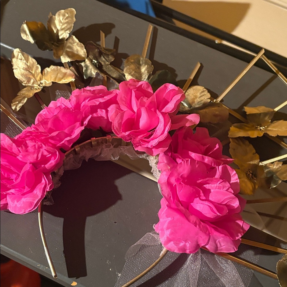 Elegant Pink Floral Headband with Gold Accents
